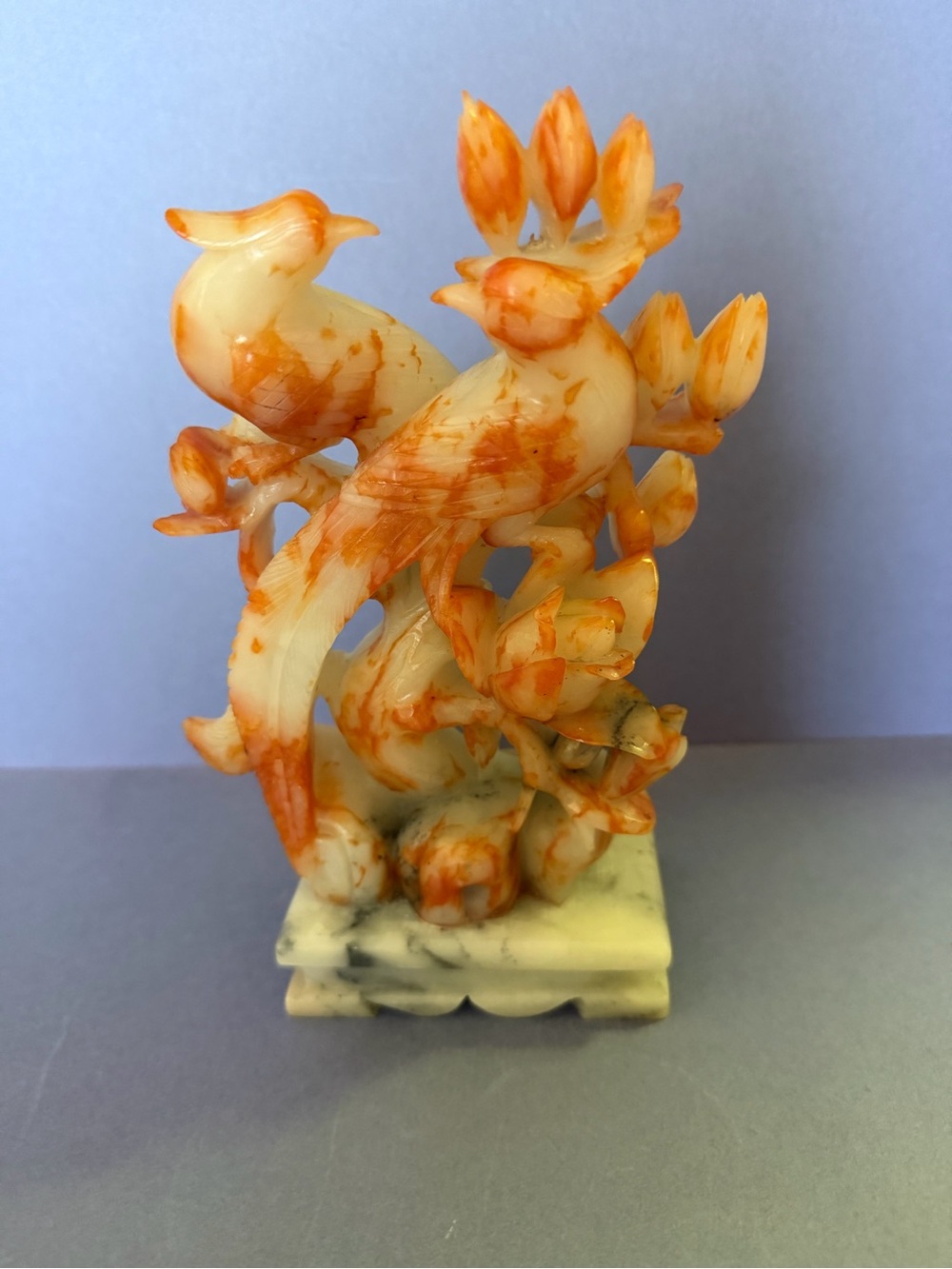 Vintage Chinese Handcarved Soapstone Sculpture with Phoenixes/Peonies, 8 inches